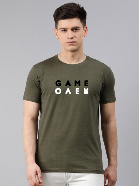 

UNSULLY Men Olive Green Typography Printed Applique T-shirt