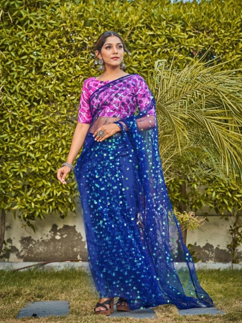 

ASPORA Navy Blue Embellished Sequinned Net Saree