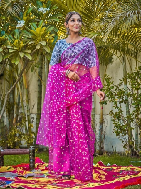 

ASPORA Purple Embellished Sequinned Net Saree