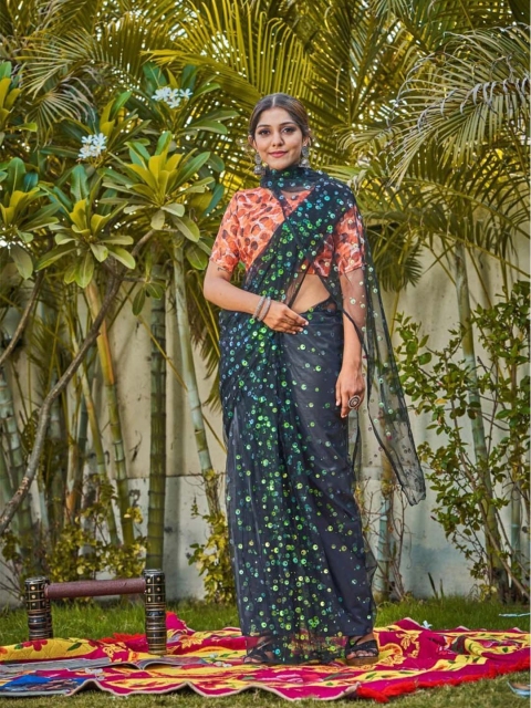 

ASPORA Black Embellished Sequinned Net Saree