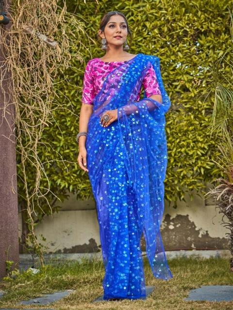 

ASPORA Blue Embellished Sequinned Net Saree