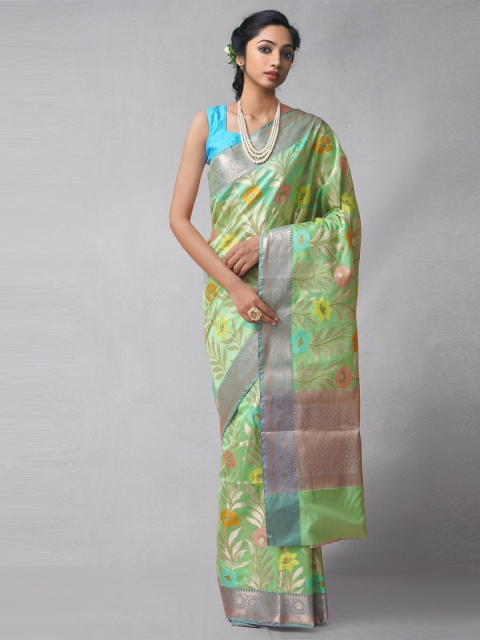 

Unnati Silks Green & Yellow Woven Design Zari Silk Cotton Banarasi Saree