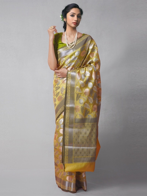 

Unnati Silks Yellow & Silver-Toned Woven Design Zari Silk Cotton Banarasi Saree