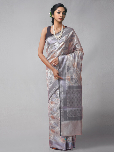 

Unnati Silks Grey & Silver-Toned Woven Design Silk Cotton Banarasi Saree