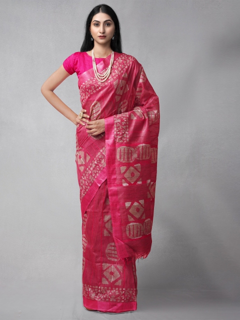 

Unnati Silks Pink & Gold-Toned Leheriya Silk Cotton Jamdani Saree