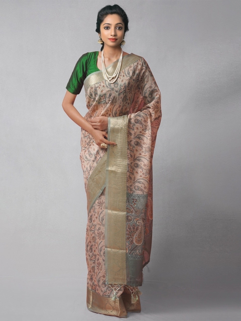 

Unnati Silks Peach-Coloured & Grey Ethnic Motifs Silk Cotton Chanderi Saree