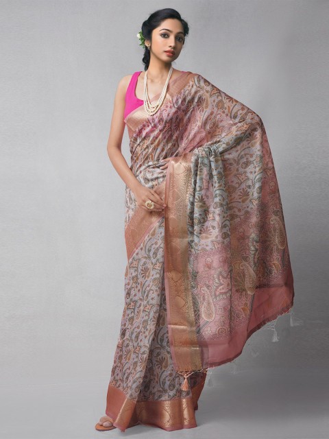 

Unnati Silks Blue & Green Ethnic Motifs Zari Silk Cotton Chanderi Saree