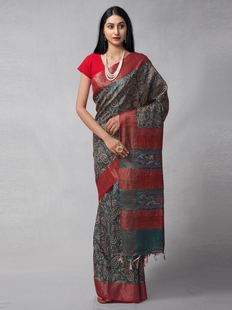 

Unnati Silks Blue & Red Paisley Kantha Work Pure Silk Tussar Saree