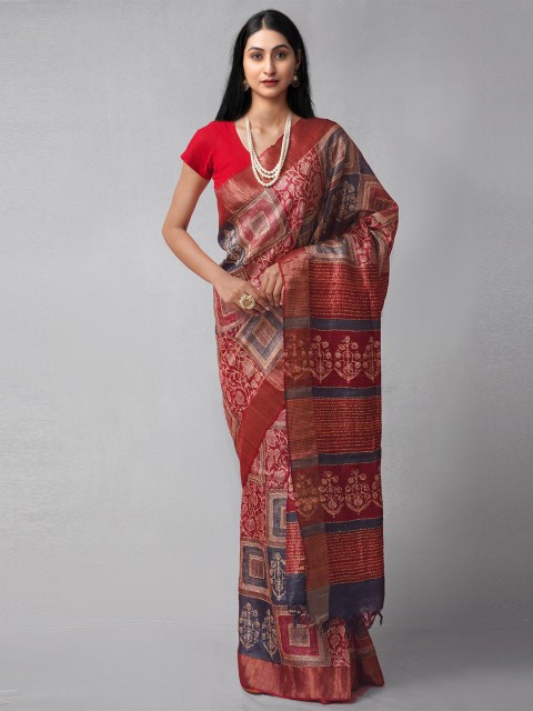 

Unnati Silks Red & Green Woven Design Kantha Work Pure Silk Tussar Saree