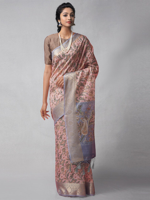 

Unnati Silks Pink & Green Ethnic Motifs Zari Silk Cotton Chanderi Saree