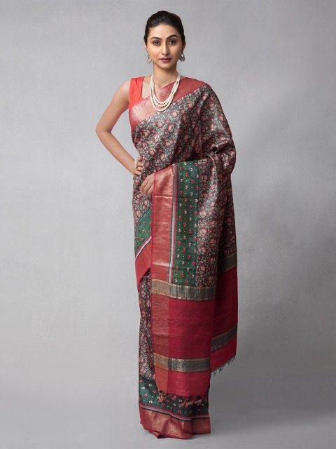 

Unnati Silks Maroon & Green Woven Design Kantha Work Pure Silk Tussar Saree