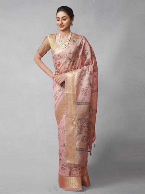 

Unnati Silks Peach-Coloured Ethnic Motifs Silk Cotton Chanderi Saree
