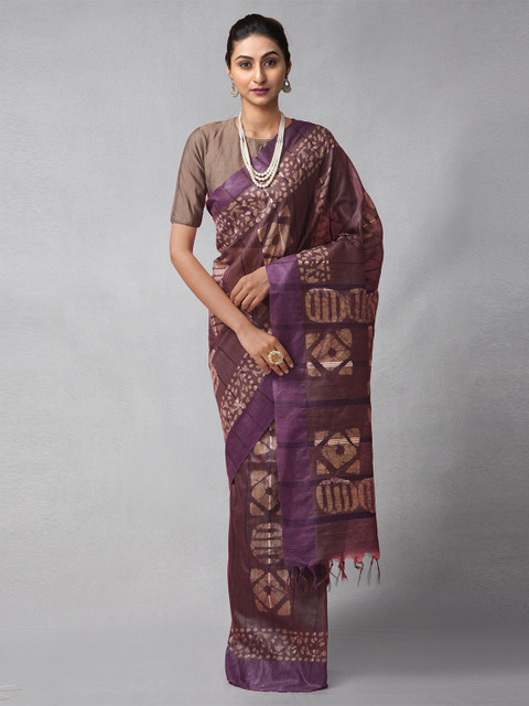

Unnati Silks Beige & Purple Leheriya Silk Cotton Jamdani Saree