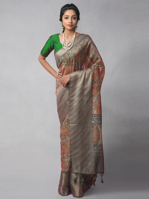 

Unnati Silks Grey & Red Kalamkari Zari Silk Cotton Maheshwari Saree