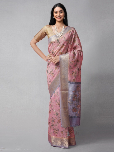 

Unnati Silks Pink & Purple Ethnic Motifs Silk Cotton Chanderi Saree