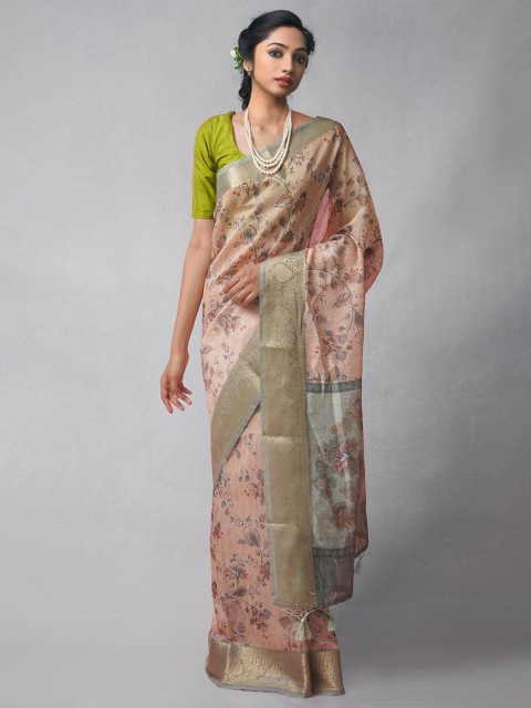 

Unnati Silks Peach-Coloured & Grey Ethnic Motifs Silk Cotton Chanderi Saree