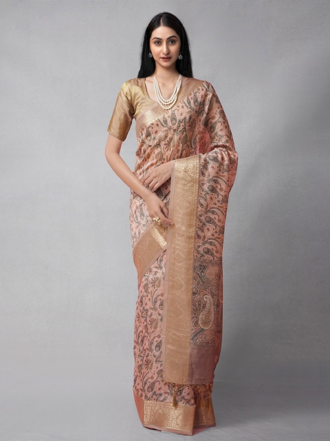

Unnati Silks Pink & Grey Ethnic Motifs Silk Cotton Chanderi Saree