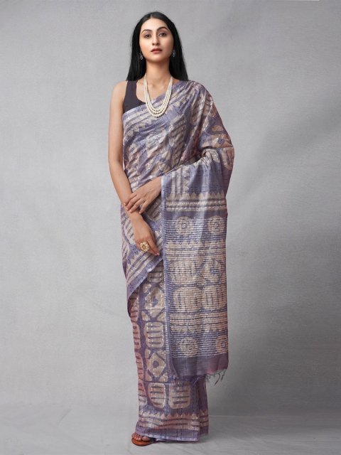 

Unnati Silks Grey & Beige Leheriya Silk Cotton Jamdani Saree