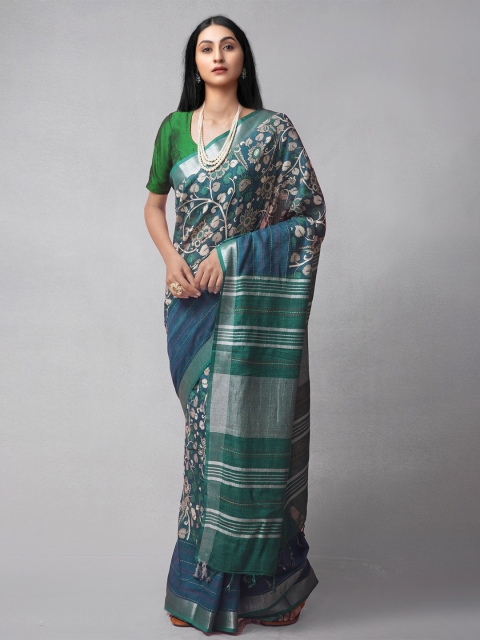 

Unnati Silks Blue & Green Kalamkari Zari Pure Cotton Jamdani Saree
