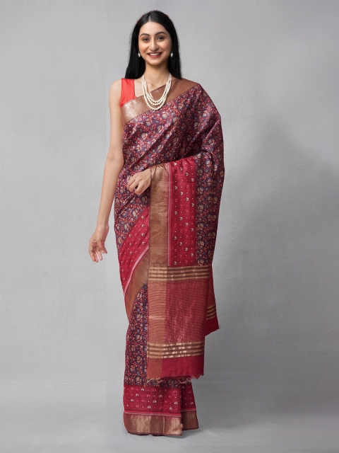 

Unnati Silks Maroon & Blue Woven Design Kantha Work Pure Silk Tussar Saree