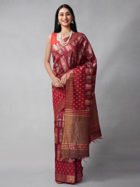 

Unnati Silks Red & Gold-Toned Woven Design Kantha Work Pure Silk Tussar Saree