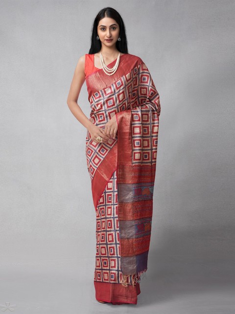 

Unnati Silks Red & Off White Kantha Work Pure Silk Tussar Saree