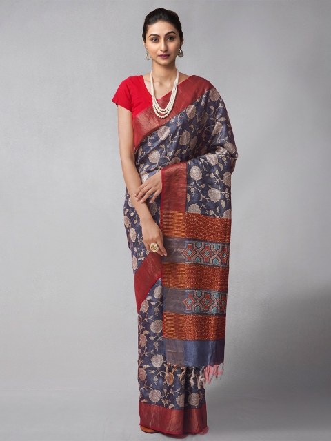 

Unnati Silks Blue & Red Woven Design Kantha Work Pure Silk Tussar Saree