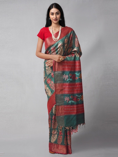 

Unnati Silks Green & Red Woven Design Kantha Work Pure Silk Tussar Saree