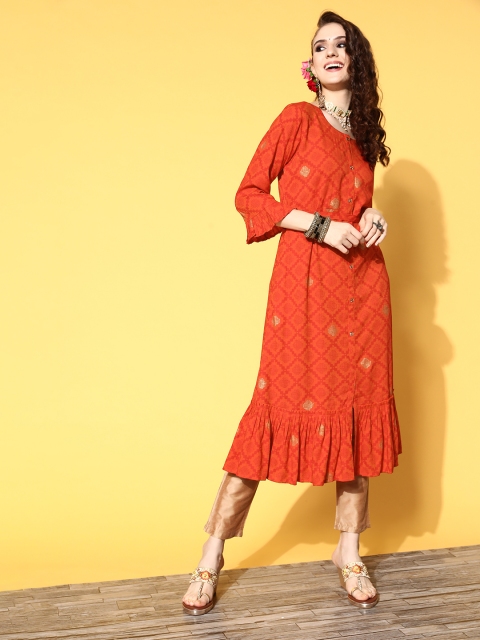 

ZOLA Women Bright Orange Viscose Rayon Print Parade Kurta