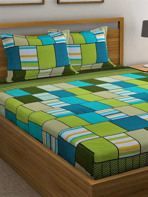 

THE little BIG STORE Green & Blue Geometric 120 TC Queen Bedsheet with 2 Pillow Covers