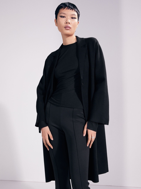 

H&M Women Black Solid Longline One-Button Coat