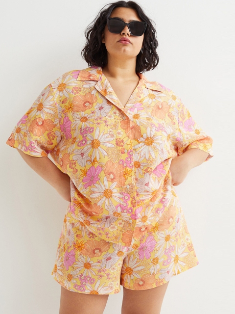 

H&M Women Plus Size Orange Floral Linen-Blend Shorts
