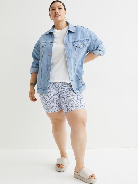 

H&M Women Plus Size Blue Floral Printed Ribbed Cycling Shorts