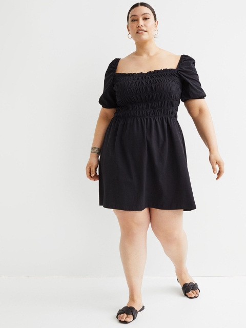 

H&M Women Plus Size Black Smocking-Detail Dress