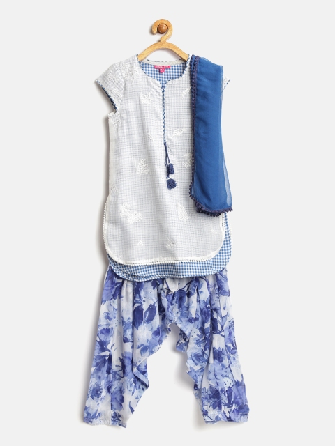 

Biba Girls Off-White & Blue Checked Patiala Kurta with Dupatta