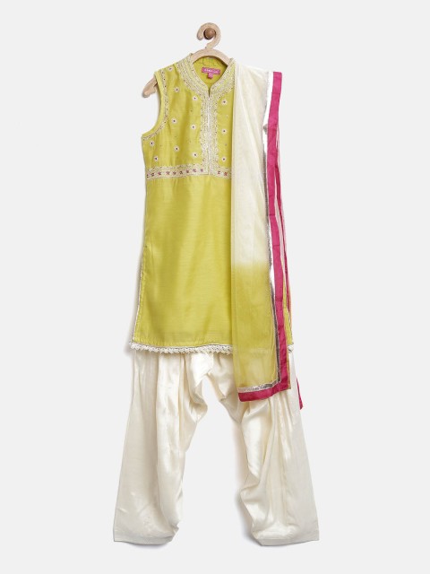 

Biba Girls Lime Green & Cream-Coloured Embroidered Kurta with Patiala & Dupatta