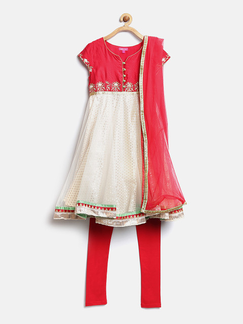 

Biba Girls Red & Off-White Self Design Kurta with Churidar & Dupatta