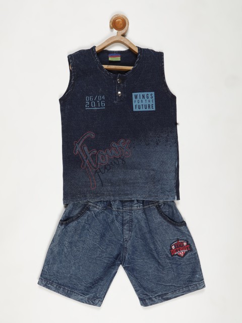 

V2 Value & Variety Boys Navy Blue & Turquoise Blue Printed T-shirt with Shorts