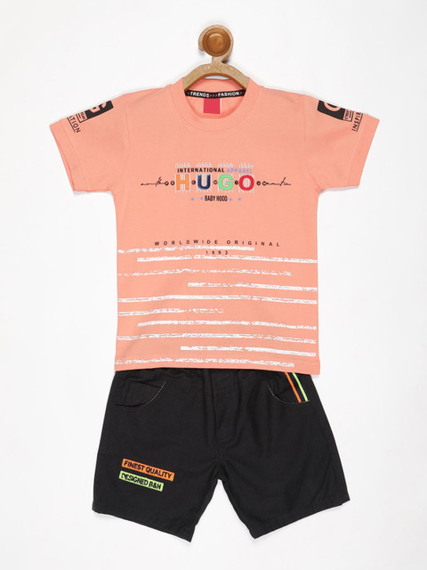 

V2 Value & Variety Boys Peach-Coloured & Black Printed T-shirt with Shorts