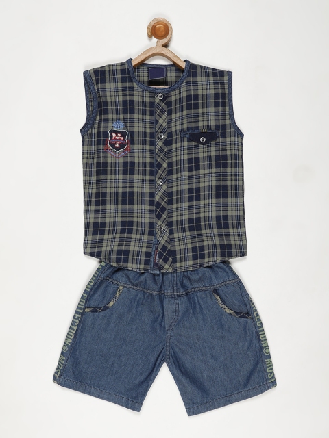 

V2 Value & Variety Boys Olive Green & Navy Blue Checked T-shirt with Shorts