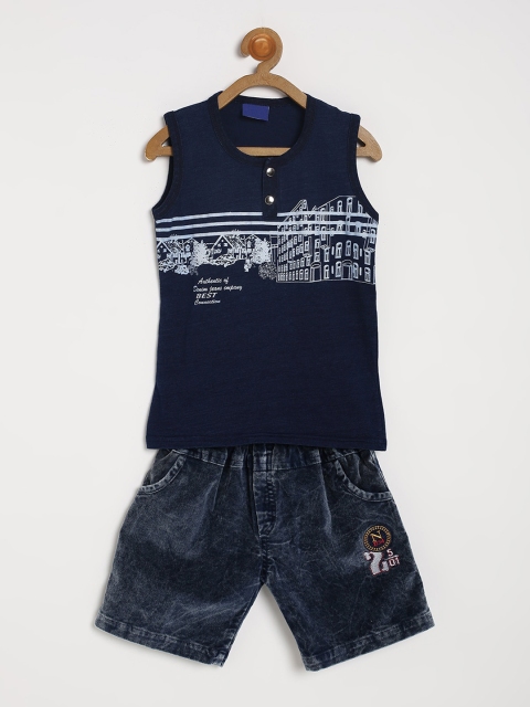 

V2 Value & Variety Boys Navy Blue & Off White Printed T-shirt with Shorts