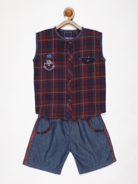 

V2 Value & Variety Boys Rust Red & Blue Checked Pure Cotton Shirt with Shorts