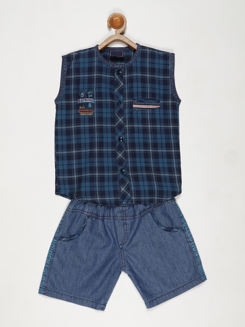 

V2 Value & Variety Boys Teal Blue Checked Shirt with Shorts