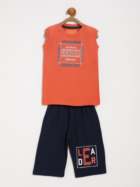 

V2 Value & Variety Boys Orange & Navy Blue Printed T-shirt with Shorts