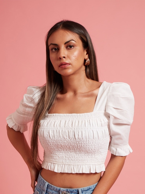 

THE CLOTHING FACTORY White Linen Puff Sleeve Crop Top