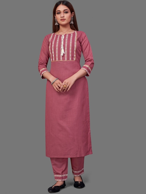 

VILAM Women Pink Angrakha Pure Cotton Kurti with Trousers