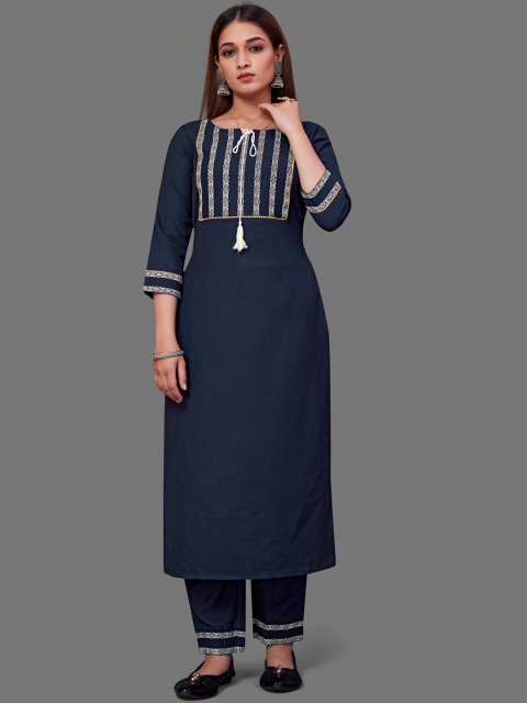 

VILAM Women Blue Layered Pure Cotton Kurti with Pyjamas