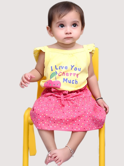 

YK Baby Girls Yellow & Pink Printed Top with Skirt