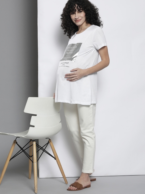 

DeFacto Women White & Silver Typography Printed Pure Cotton Maternity T-shirt