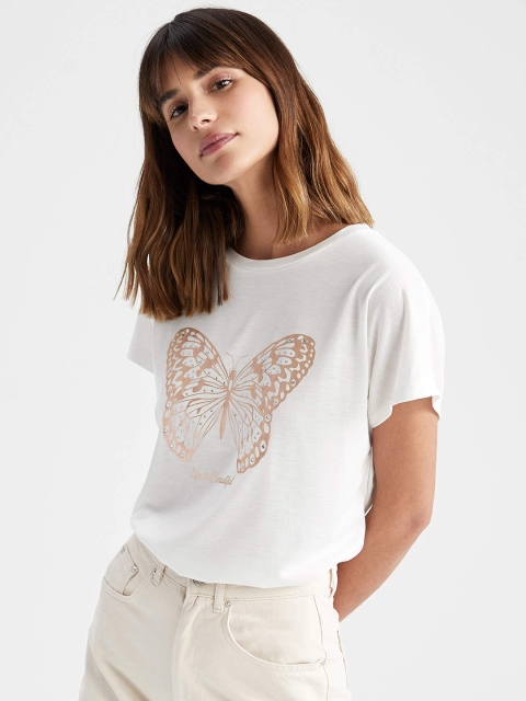 

DeFacto Women White Printed T-shirt